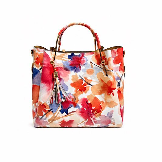 Sac rouge floral multicolore en cuir véritable.