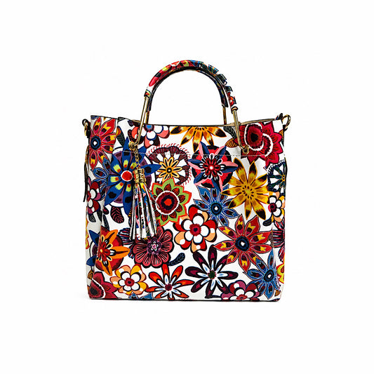 Sac floral multicolore en cuir véritable.