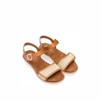 Sandales Ara en cuir cognac et raffia
