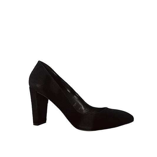Black suede pumps.