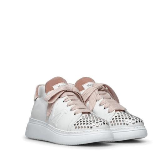 Chaussures lacées en cuir blanc et détail en velours rose - Boutique Prestige