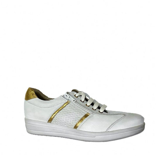 Chaussures lacées en cuir extensible blanc et lignes dorées - Boutique Prestige