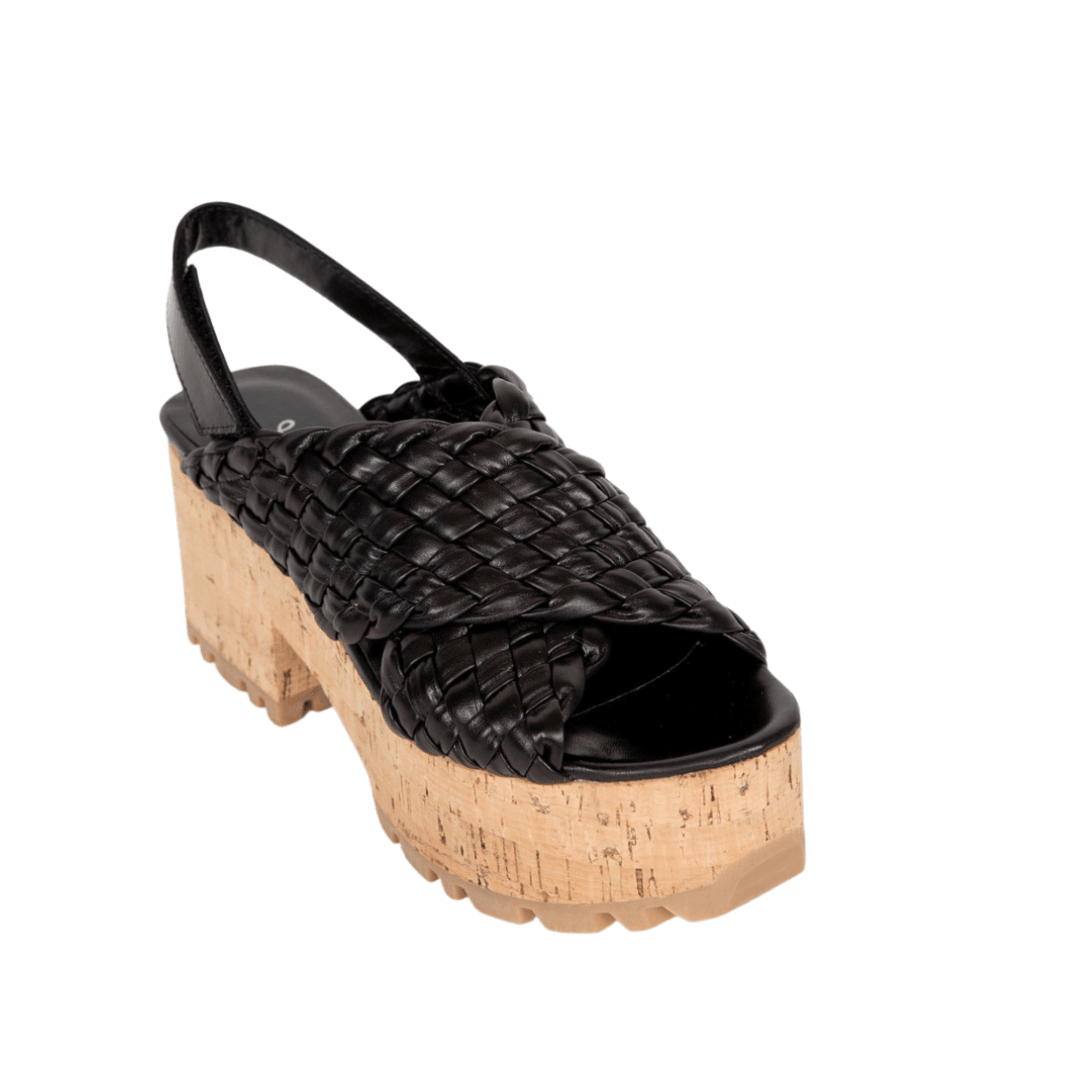 Sandales plateforme cuir noir tressé - Boutique Prestige